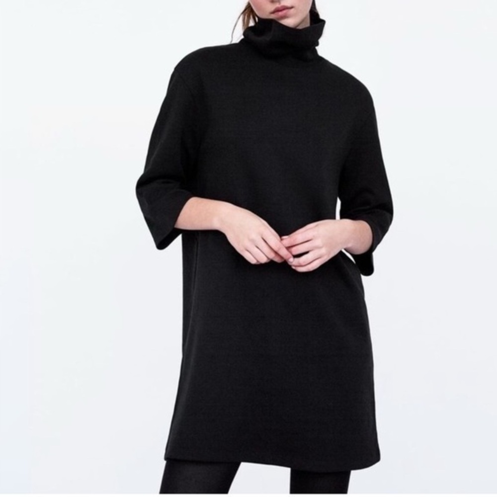 Zara women dress black grunge punk 3/4 sleeve cowl neck knee length Size Small
